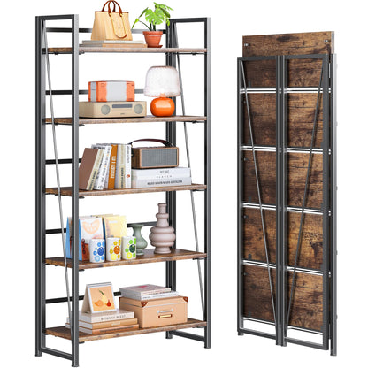 4NM No Assembly Folding Bookshelf, 5-Shelf 62.2" H Collapsible Foldable Bookcase Storage for Small Spaces, Rustic Brown and Black