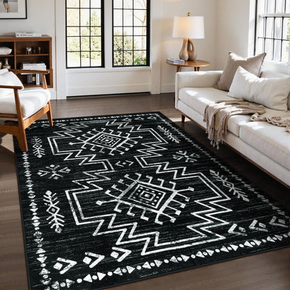 Lahome Vivienne 5x7 Western Black and White Rugs for Living Room, Washable Soft Aztec Rug for Bedroom, Boho Low Pile Distressed Moroccan Carpet for Dining Room Home Decor