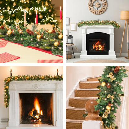9 FT Prelit Christmas Garland Battery Operated with 50 Warm Lights, Xmas Garland Greenery Outdoor with Pine Cones and Timer, Front Door Mantle Garland Christmas Holiday Decoration Indoor
