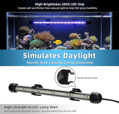 LED Submersible Aquarium Light 12W Underwater Fish Tank Light with Blue White&Blue and White Three Light Modes Timer Automatic On/Off and Dimmer Brightness Adjustable (22.8inch)