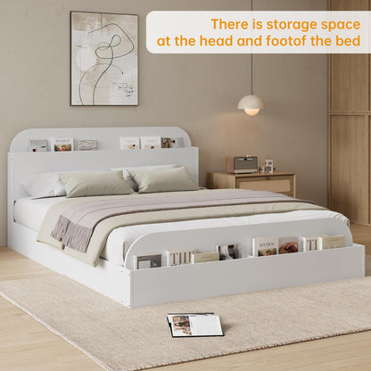 GarveeHome Queen Size Bed Frame, Wooden Beds with Storage Headboard and Raised-Foodboard, Queen-Floor Low Platform Bed for Bedroom, Sturdy Wooden Slats Support, No Box Spring Needed, White