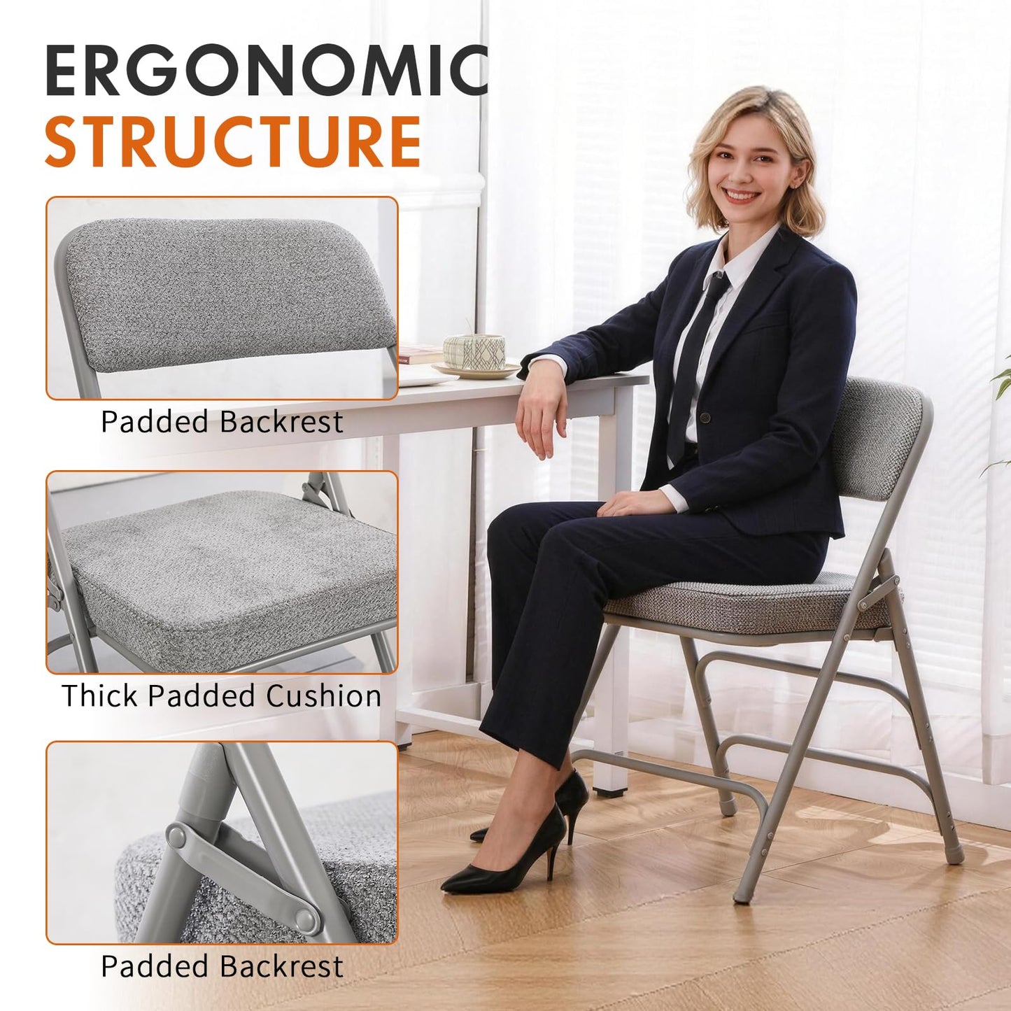 TAO ONE Padded Folding Chairs - Comfortable Folding Chair with Cushion - Heavy Duty Metal Folding Chair Upholstered Fabric Padded Seat - Cushioned Folding Chairs for Indoor Office Vanity -Grey