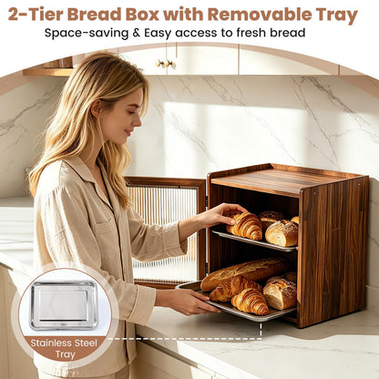 Keeswin 2-Layer Wooden Bread Box for Kitchen Countertop with Removable Tray