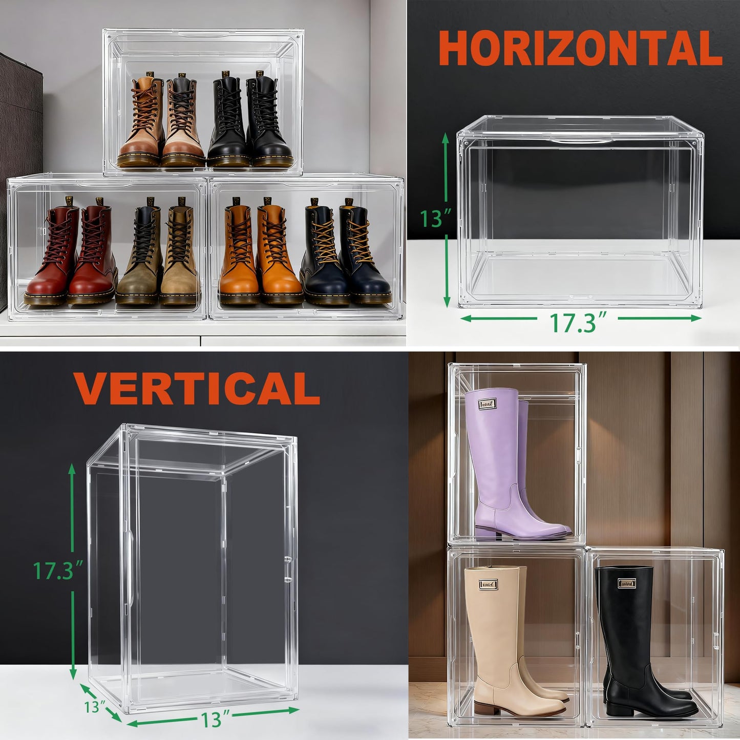 5 Pack XXX-Large Super Large Acrylic Display Case Figures Collectibles Helmet Showcase Boot & Shoe Boxes Clear Stackable Plastic Storage Bins Organizer with Magnetic Lid, 5 Pack with 2 Shoe Bags