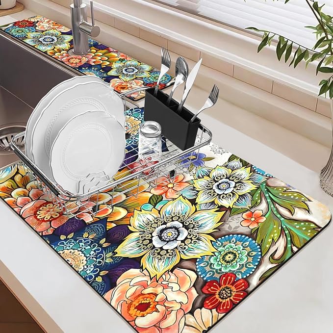 19.5" x 12" Dish Drying Mat & 24" x 5.5" Sink Splash Guard, Super Absorbent