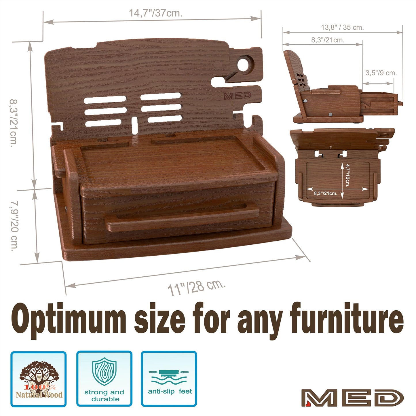 MED Wood Phone Docking Station for Men with Drawer — Nightstand & Desk Organizer for Husband & Dad — Key Holder, Wallet Stand, Watch Holder (Dark Walnut)