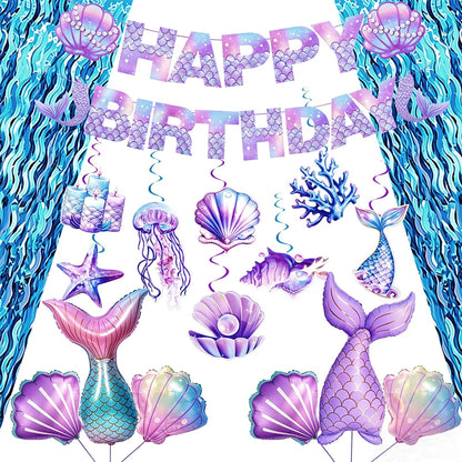 Mermaid Birthday Party Decorations, Under the Sea Party Supplies with Light Blue Wavy Tinsel Curtain, Happy Birthday Banner, Hanging Swirls,Shell Tail Foil Balloons for Girls Birthday