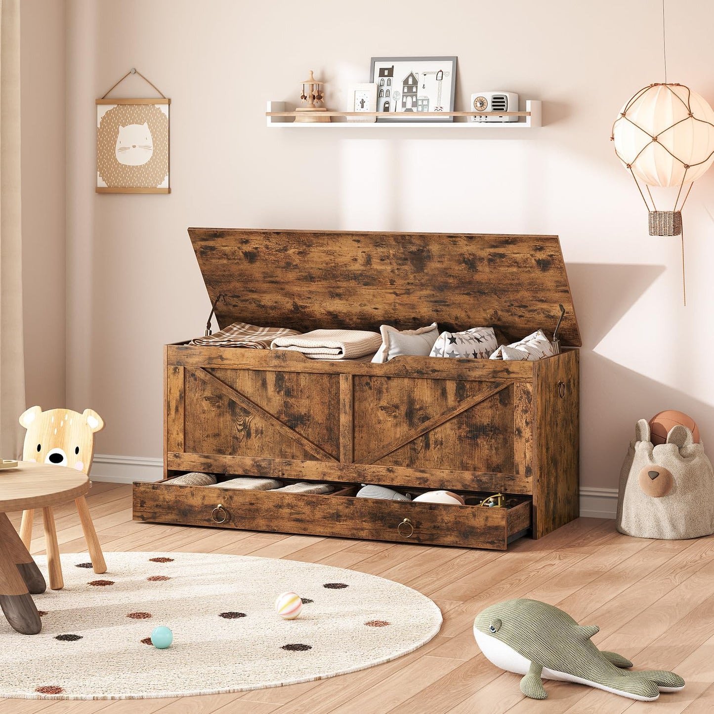 HOOBRO Storage Chest, 43.3" Toy Chest with Drawer, Wooden Storage Bench, Sturdy Entryway Bench Supports 220 lb, Shoe Bench, Safety Hinge, U-Shaped Opening, Easy Assembly, Rustic Brown FG711CW01G1