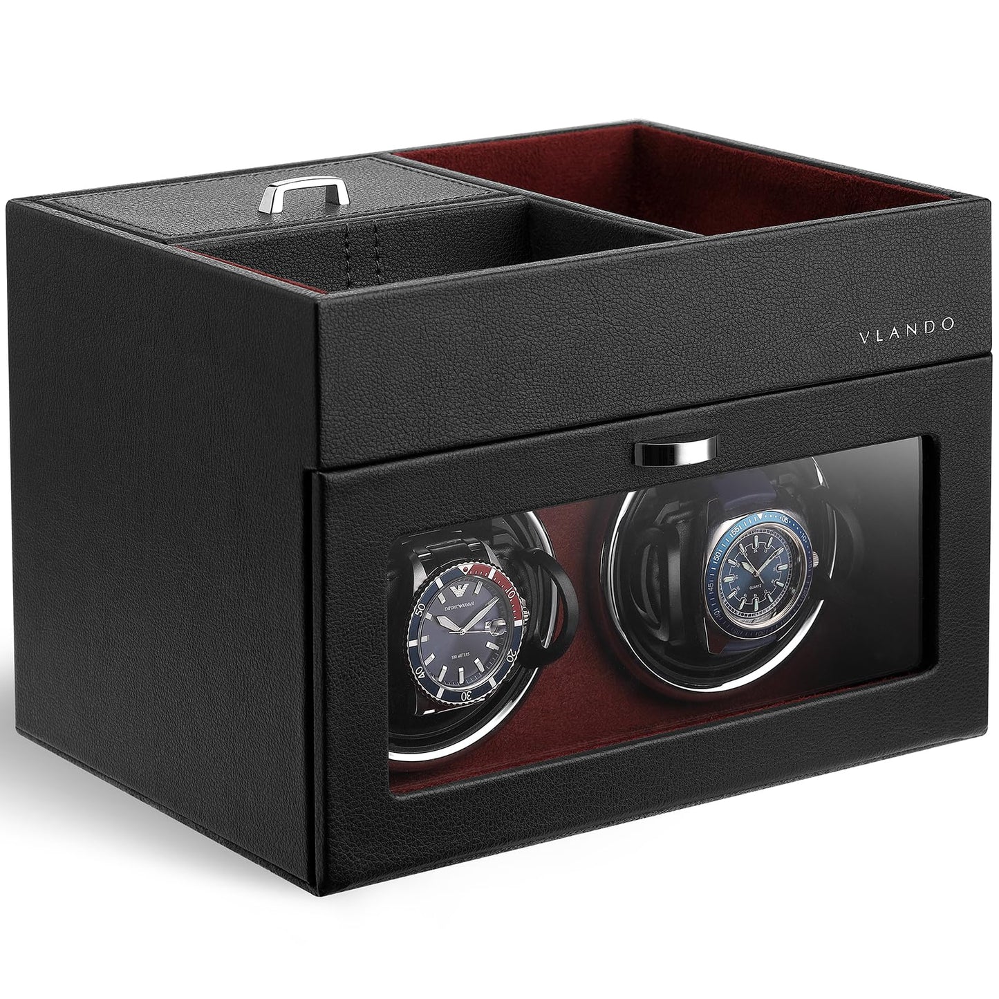 VLANDO Automatic Double Watch Winder - Watch Winder Box with Men Jewelry Organizer Tray, Japanese Quiet Motor, LED Light, Adjustable Watch Pillows - Red