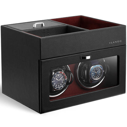 VLANDO Automatic Double Watch Winder - Watch Winder Box with Men Jewelry Organizer Tray, Japanese Quiet Motor, LED Light, Adjustable Watch Pillows - Red