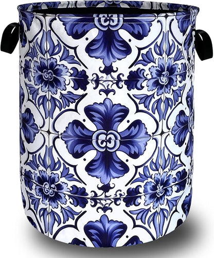 Blue and White Mexican Tile Laundry Basket Oxford Cloth Foldable Boho Laundry