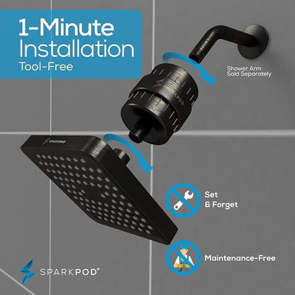 SparkPod 23-Stage Filtered Shower Head, 6" Square, Oil-Rubbed Bronze | Filtered Shower Head for Hard Water Filter, High Pressure, Reduces Chlorine, Heavy Metals, For Dry Skin & Hair