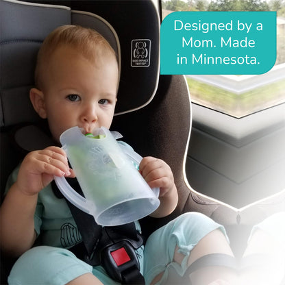 Flipping Holder 2-in-1 Baby Food Pouch & Juice Box Holder (2-pack) - No-Squeeze, Food-Safe Container with easy-grab Handles & Lid Fits GoGo, Capri Sun, Juice, Yogurt, & More
