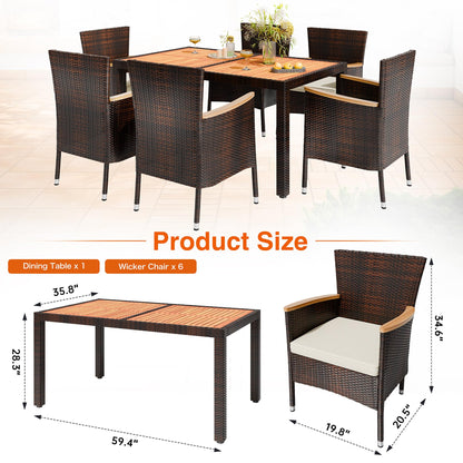 Shintenchi 7 PCS Patio Dining Set, Wicker Patio Conversation Set with Wooden Table Top, Outdoor Table and Chairs with Soft Cushions for Backyard, Deck and Garden, Brown Wicker