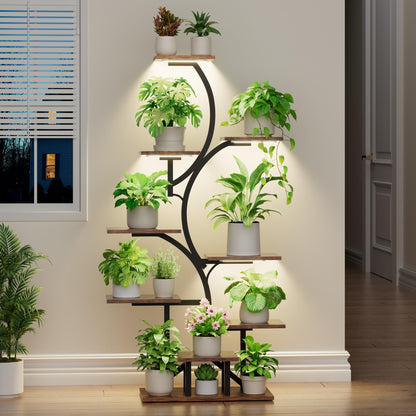 Plant Stand Indoor with Grow Light: Lighted Plant Stands 56.5" Tall, 9 Tiered Large Plant Shelf for Indoor Growing, S-Shaped Flower Holder Display for Multiple Plants, Living Room, Patio (Black)