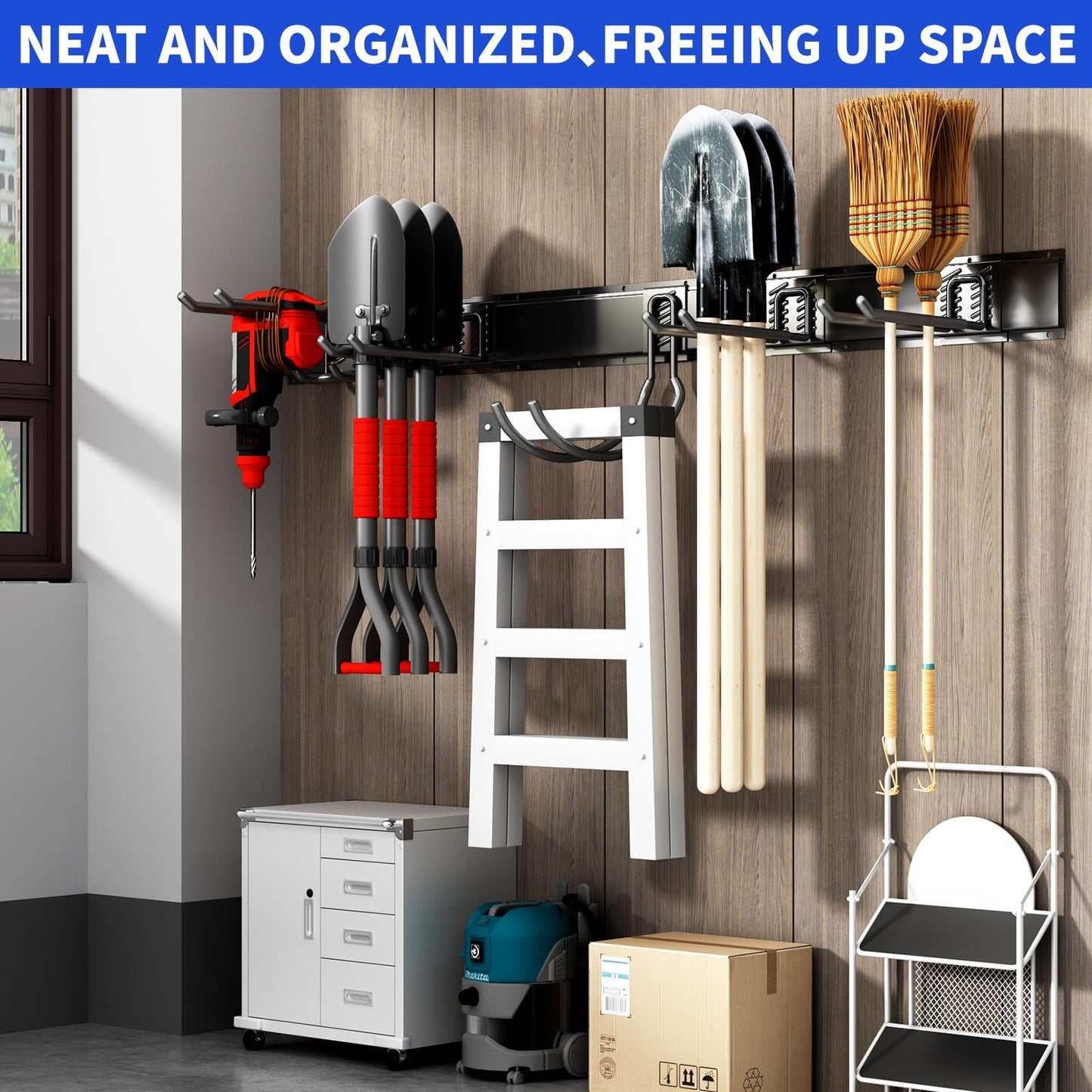 CRXCRC Shed Tool Organizer Wall Mount, 64inch Heavy Duty Garden Tool organizer Storage System, Easy Install With 10 Adjustable Hooks, For Garage, Basement, Shed, Workshop(Black)