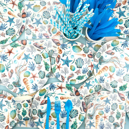 Obussgar Shells Birthday Party Decorations - Shells Party Supplies including Banner, Plate, Cake Topper, Cup, Napkin, Balloon, Tablecloth - Serves 20
