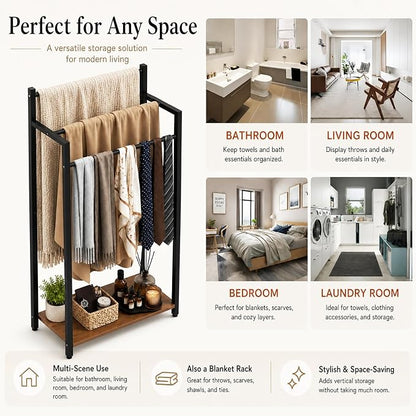 Freestanding Towel Rack, 3 Tier Blanket Ladder Stand with Rustic Brown Wooden Shelf for Bathroom Living Room (31.5" H x 16.9" W x7.9 D)