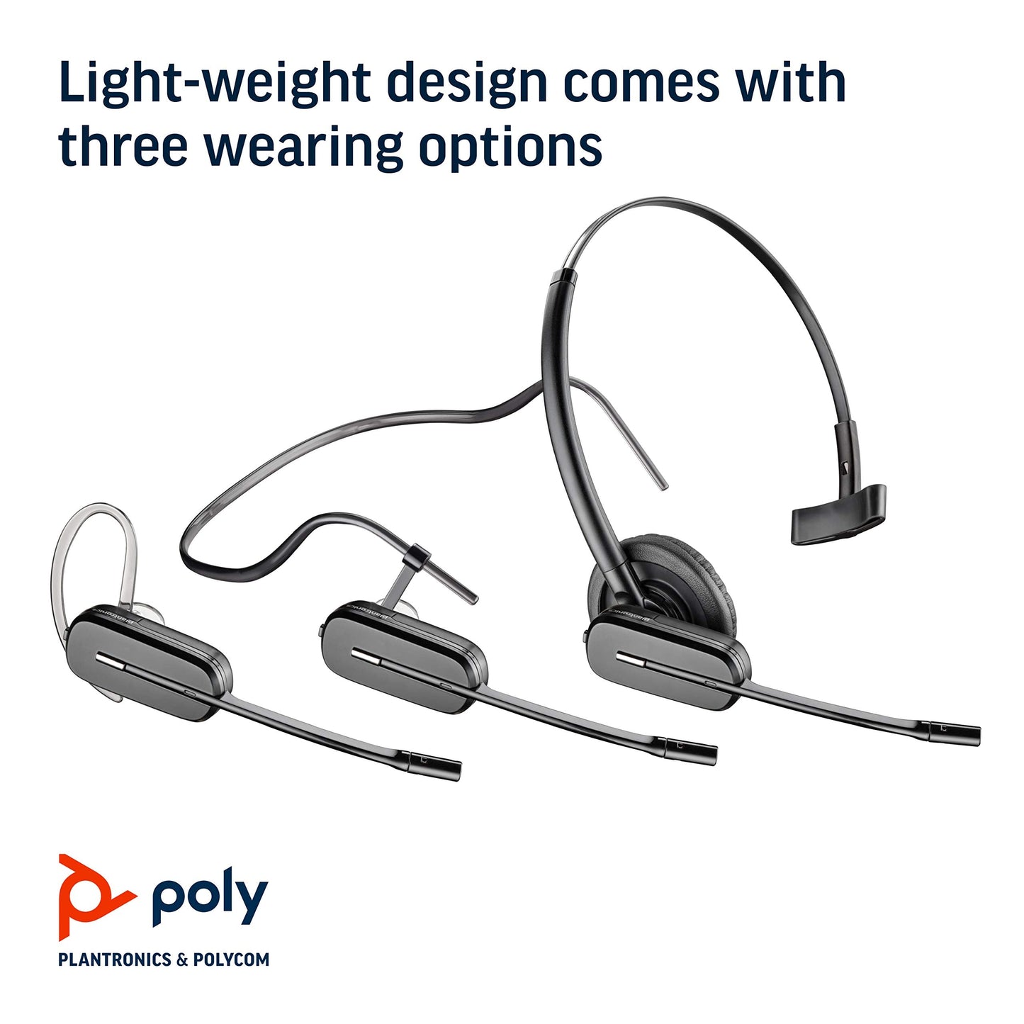 Plantronics - CS540 Wireless DECT Headset (Poly) - Single Ear (Mono) Convertible (3 Wearing Styles) - Connects to Desk Phone - Noise Canceling Microphone