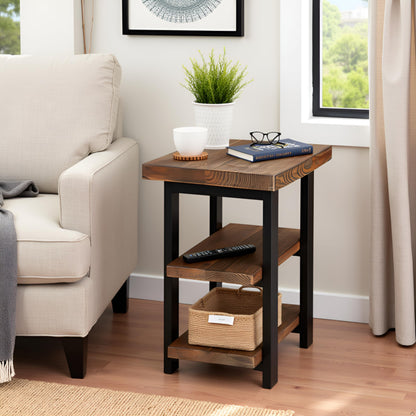 Alaterre Furniture Pomona Living Room 3-Tier Solid Wood End Table with Metal Legs & Storage Shelves – Modern Rustic Industrial Space-Saving Side Table or Nightstand (Rustic Brown)