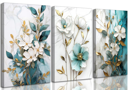 3Pcs White Gold Flower Canvas Wall Art Modern Luxury Blue White Gold Abstract Marble Floral Botanical Painting Picture Wall Decor Poster Print Artwork for Living Room Bedroom Home Decoration