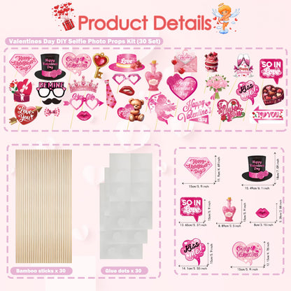 56 Pcs Valentines Party Decorations Kit, Happy Valentine’s Day Banners Hanging Swirls and 30 Pcs DIY Selfie Photo Props Party Supplies, for Wedding Party Home Office Ornaments