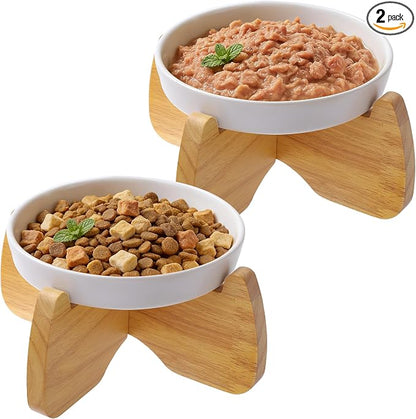 Raised Ceramic Cat Bowl 6.3" Wide Shallow Flat Bottom (2 Pack) | Neck Protective, Anti Whisker Fatigue, Anti Vomit, Dishwasher Safe, For Dry and Wet Food, For Kittens & Seniors