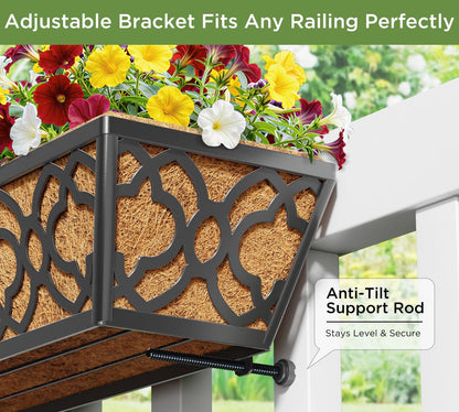 HFHOME 24 Inch Deck Railing Planter Box with Horse Trough Coco Liner, 24" Window Boxes with Coconut Coir Liner, Black Metal Hanging Flower Planter Basket for Outdoor Indoor Lawn - 4 Pack