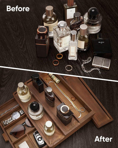 BRITEREE Cologne Organizer for Men, 3 Tier Wooden Cologne Stand with Drawer Storage and Hidden Compartment, Perfume Display Holder for Dresser, Great Gifts for Him Dad Fathers, Brown