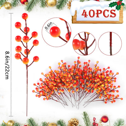 Rowfad 40 Pcs Artificial Berry Stems Branches, Fall Halloween Faux Holly Berries Picks and Sprays Ornaments for Thanksgiving Wreath DIY Craft Decorations Holiday Home Decor (40, Orange)