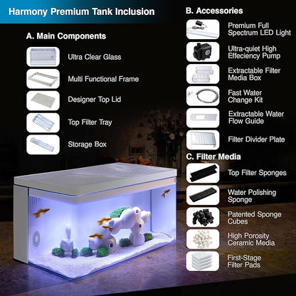 Harmony 8 Gallon All-in-One Aquarium Kit, Award-Winning Fish Tank with Lid, Integrated Filtration, LED Light, Low-Iron Glass, White Tank with White Top