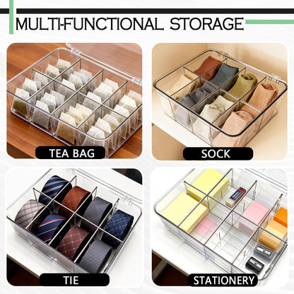 Slomg Sock Underwear Dresser Drawer Organizer with Dividers, Clear 8 Grids Plastic Storage Box Bin with Lid, Small Parts Bead Container for Jewelry Earring Scarves Ties Bras Crafts Fishing Tackle