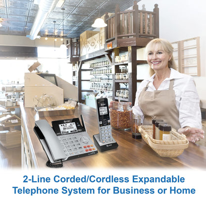 AT&T TL86103 2-Line Corded/Cordless Phone System for Small Business with Answering Machine, Connect-to-Cell Bluetooth, Caller ID, Intercom, Long Range & Expandable to 12 Handsets (Silver/Black)