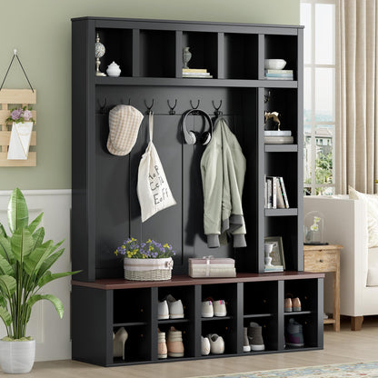 Merax Hall Tree with Bench and Shoe Storage, Farmhouse Wooden Coat Rack with 6 Hooks, Built-in 18 Open Compartments, for Entryway, Living Room, Black