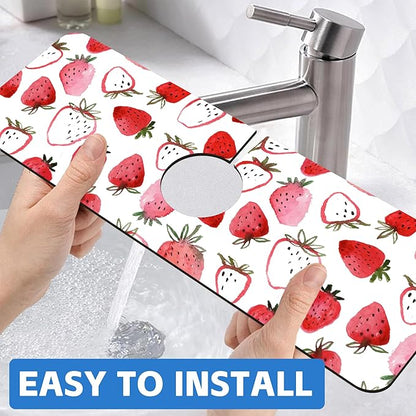 Watercolor Strawberry Kitchen Sink Splash Guard Mat Absorbent Fast Drying Mat