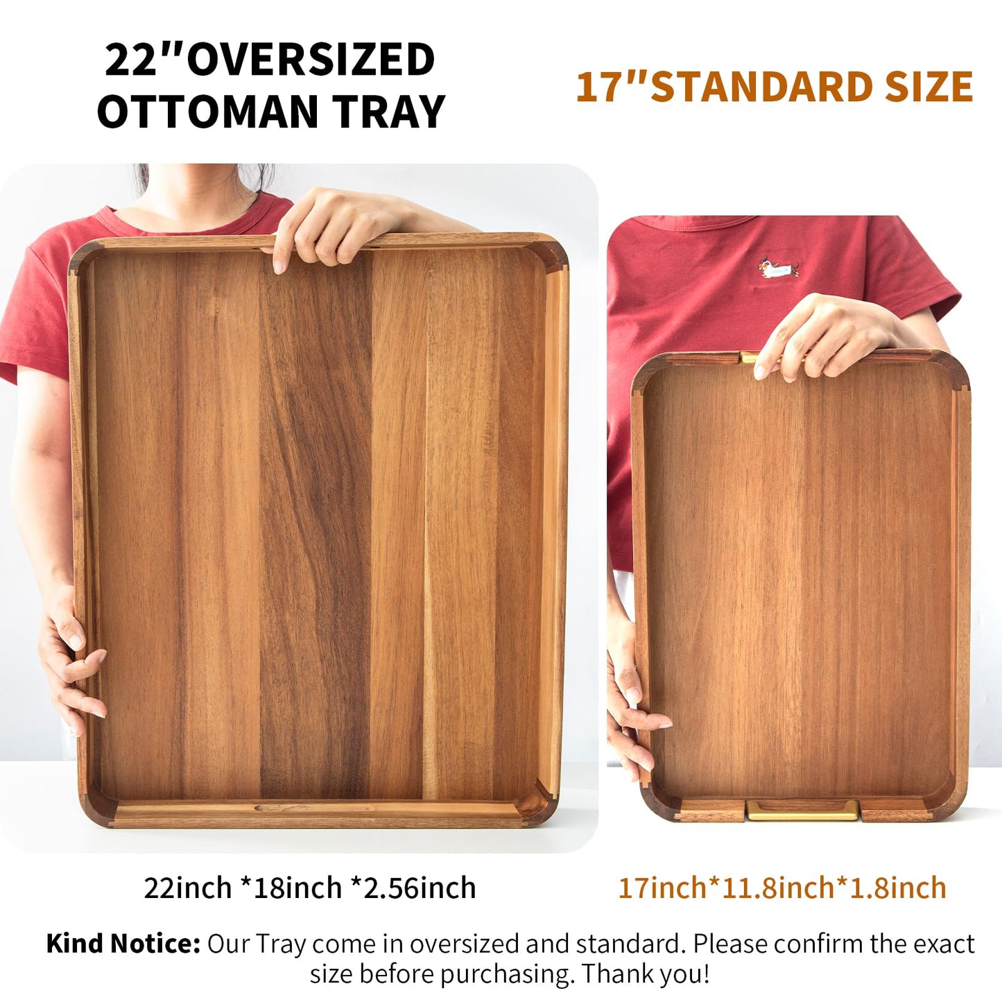 Wooden Serving Tray with Handle 16.7″ Acacia Wooden Tray for Ottoman Rectangle Ottoman Table Tray Serving Tray for Ottoman Decorative Tray for Dinner Breakfast Entertaining Guests