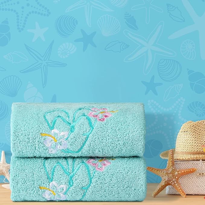 2 Pcs Flip Flops Hand Towels Mint Green Bathroom Decor 14x29 Inch Embroidered
