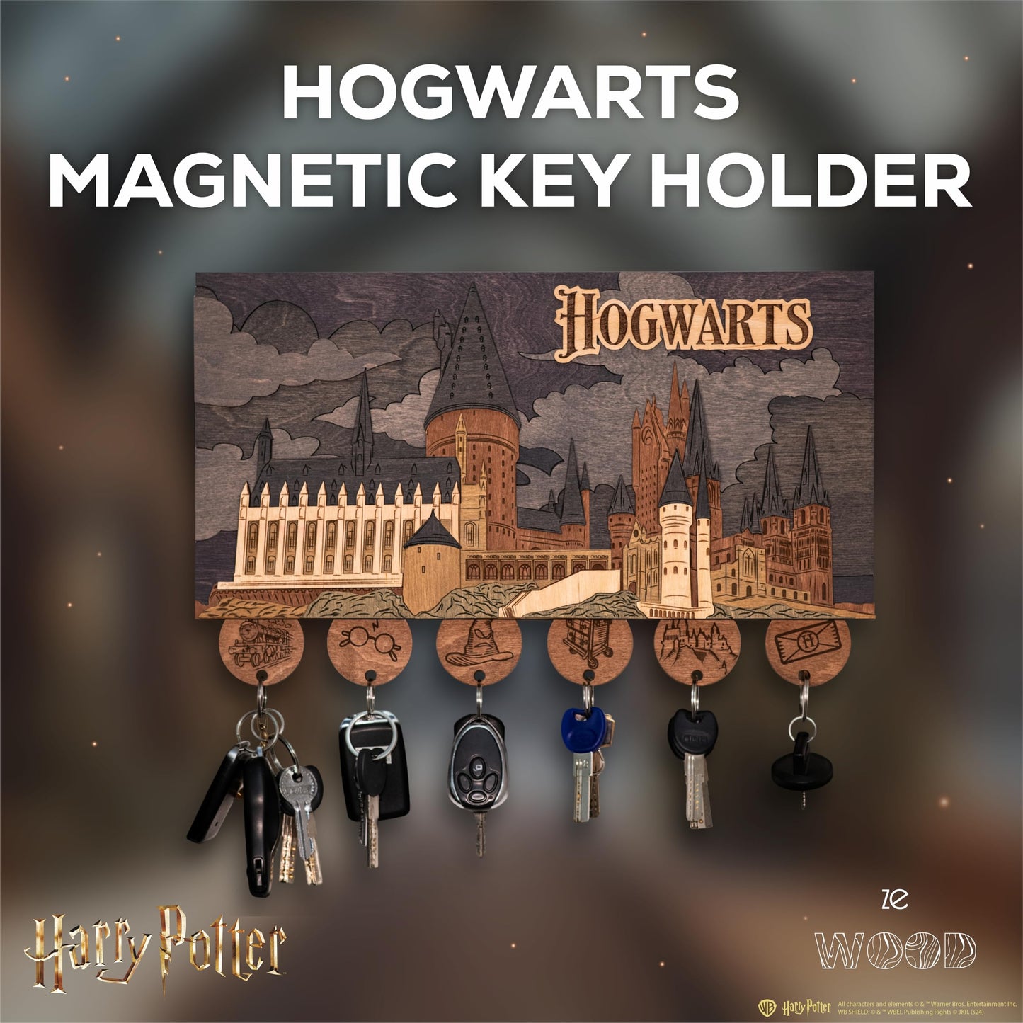 ZE WOOD Hogwarts Magnetic Key Holder - Harry Potter 3D Key Holder with Magnetic Keychains - Unique Collectible Wooden, Home Decor for Harry Potter Fans (Night Edition, M, 3 Keychains)