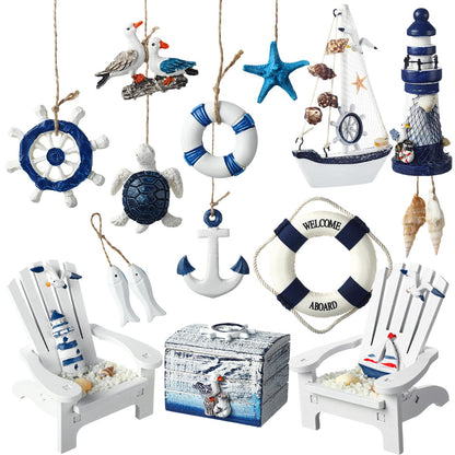 Yousoontic 14 Pack Mini Wood Nautical Home Decor Mediterranean Style Lighthouse, Beach Chair, Sailboat, Wood Box, Anchor, Life Ring, Starfish, Fish Pendant, Swimming Ring, Long Conch, Helmsman, Birds