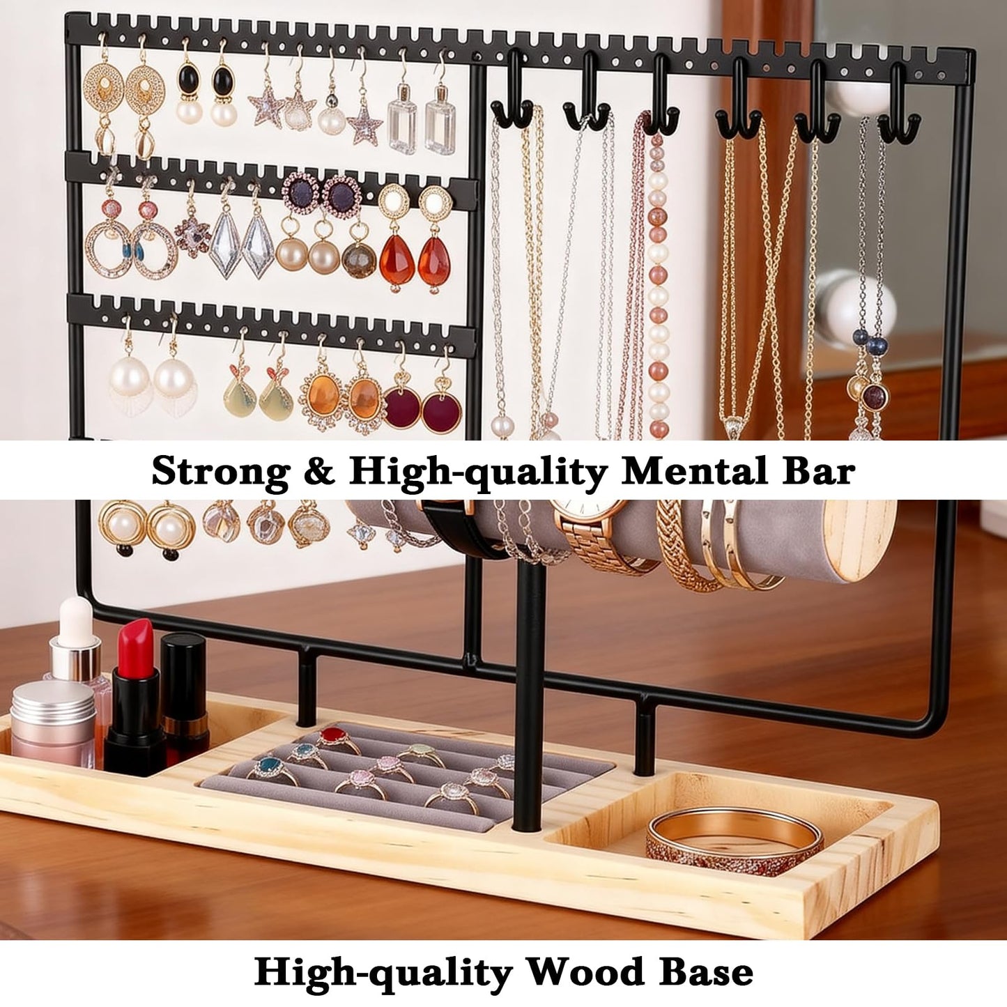 Ciormis 5 Tier Jewelry Holder Organizer, 72 Holes Earring Tree Holder Organizer 12 Hooks Necklace Rack Display Holder with Ring Storage Tray Bracelet Display Holder for Preppy Girl Friend Gift(Black)