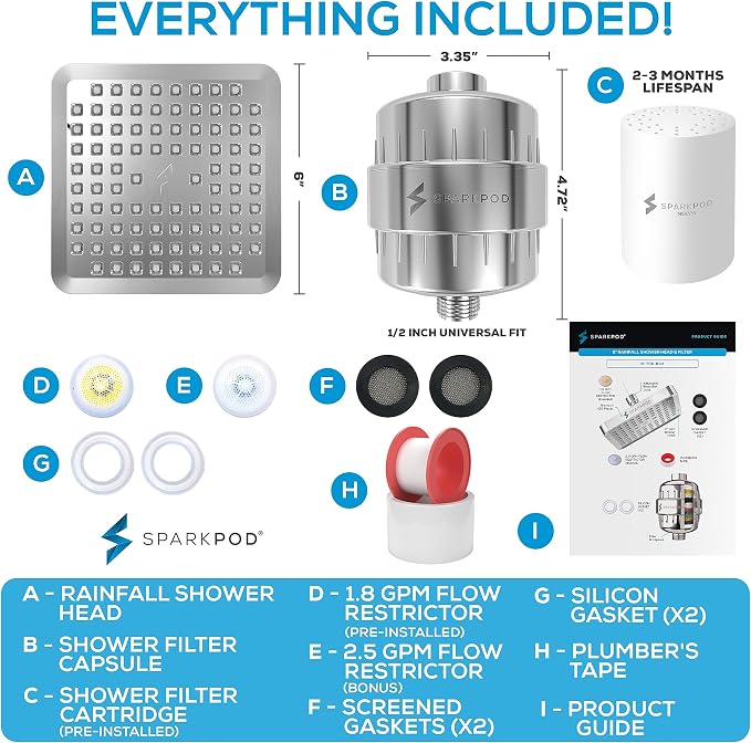 SparkPod 23-Stage Filtered Shower Head, 6" Square, Polished Chrome | Filtered Shower Head for Hard Water Filter, High Pressure, Reduces Chlorine, Heavy Metals, For Dry Skin & Hair