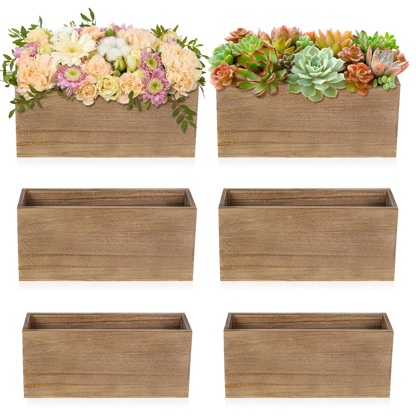 LEIFEOSH 6 Pcs Rustic Wooden Boxes for Storage, Decorative, Display, Arts & Crafts, Rectangle Wooden Crate Wood Planter Box Party Food Risers Wedding Table Centerpiece Home Decor, Brown