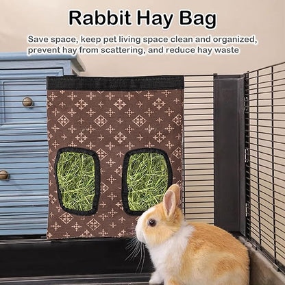 Rabbit Hay Feeder Bag, Large Capacity Rabbit Hay Bag Small Animal Hanging Hay Bag 600D Oxford Cloth Bunny Hay Feeder Bag for Rabbits Guinea Pigs Chinchillas (Brown-2 Holes-2Pcs)