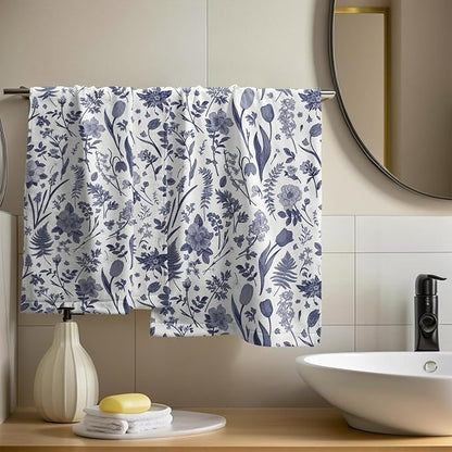Spring Floral Hand Towels for Bathroom Set of 2 Blue White Flower Leaves