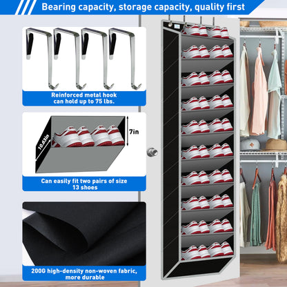 zebricolo Over the Door Shoe Organizer, Large Shoe Rack for Door 10 Tiers, Heavy Duty Metal Hanging Hook for Shoe Storage, Space Saving Shoe Holder Fits All Family Heels Boots Sneakers - Grey