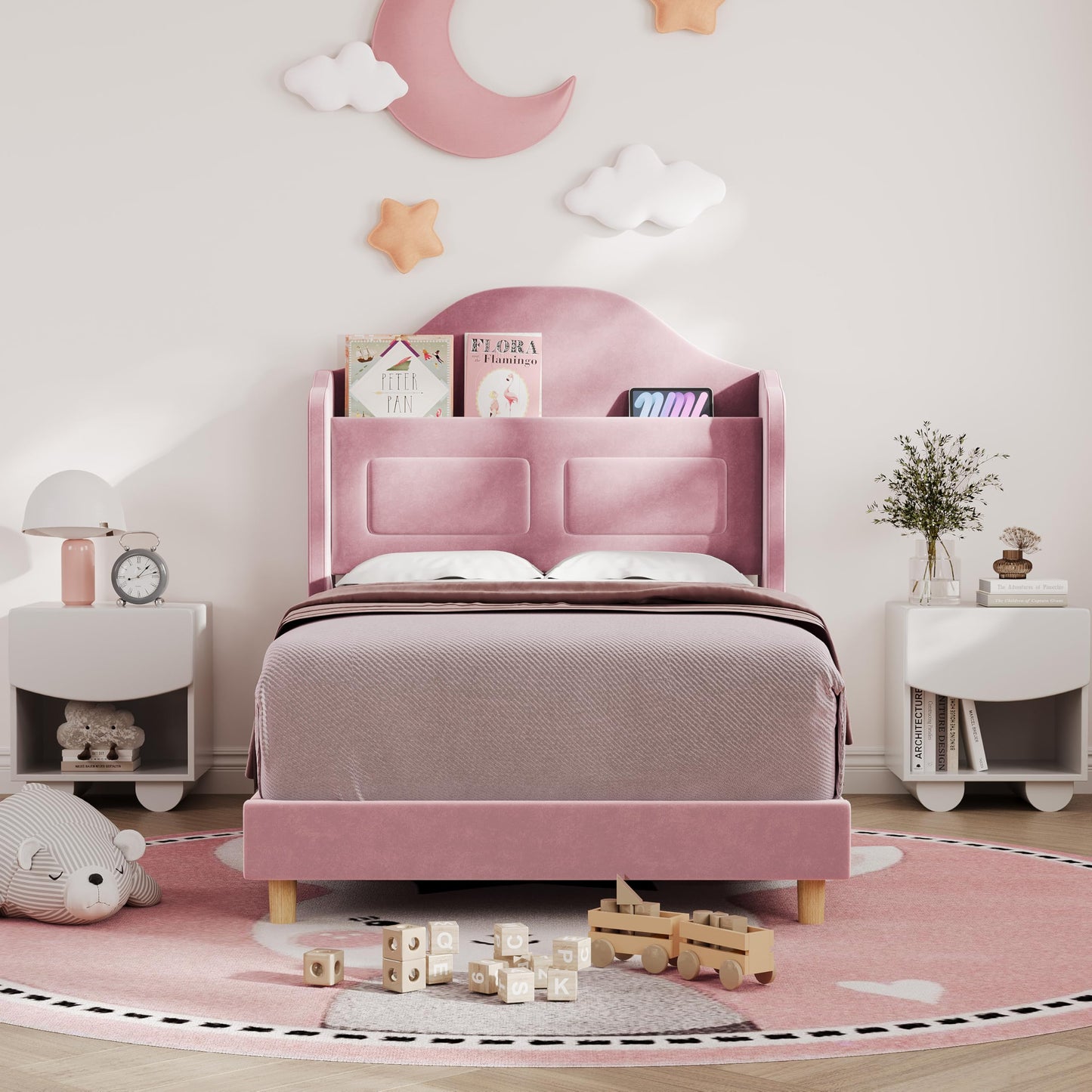IDEALHOUSE Twin Bed Frames for Kids/Girls, Wingback Velvet Platform Bed with LED Lights for Princess, Upholstered Storage Headboard, Wooden Slats Support, No Box Spring Needed, Pink