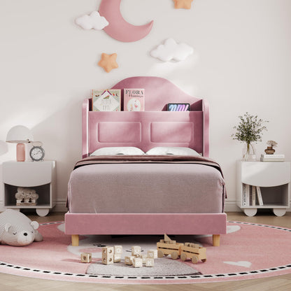IDEALHOUSE Twin Bed Frames for Kids/Girls, Wingback Velvet Platform Bed with LED Lights for Princess, Upholstered Storage Headboard, Wooden Slats Support, No Box Spring Needed, Pink