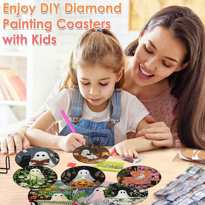 8 Pack Halloween Diamond Art Coasters Kits, Halloween Diamond Painting Coasters Kit with Holder, DIY Ghost Diamonds Art Non Slip Coaster Crafts Kits for Adults Gifts 4x4 inch (Cork Wooden Pad)