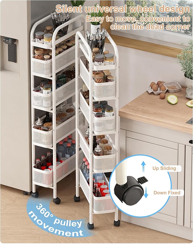 UMDONX Slim Storage Cart 5 Tier with Pull Out Basket Bathroom Organizer Rolling cart, Rolling Utility Cart Slide Out Organizer for Kitchen, Bathroom, Laundry White