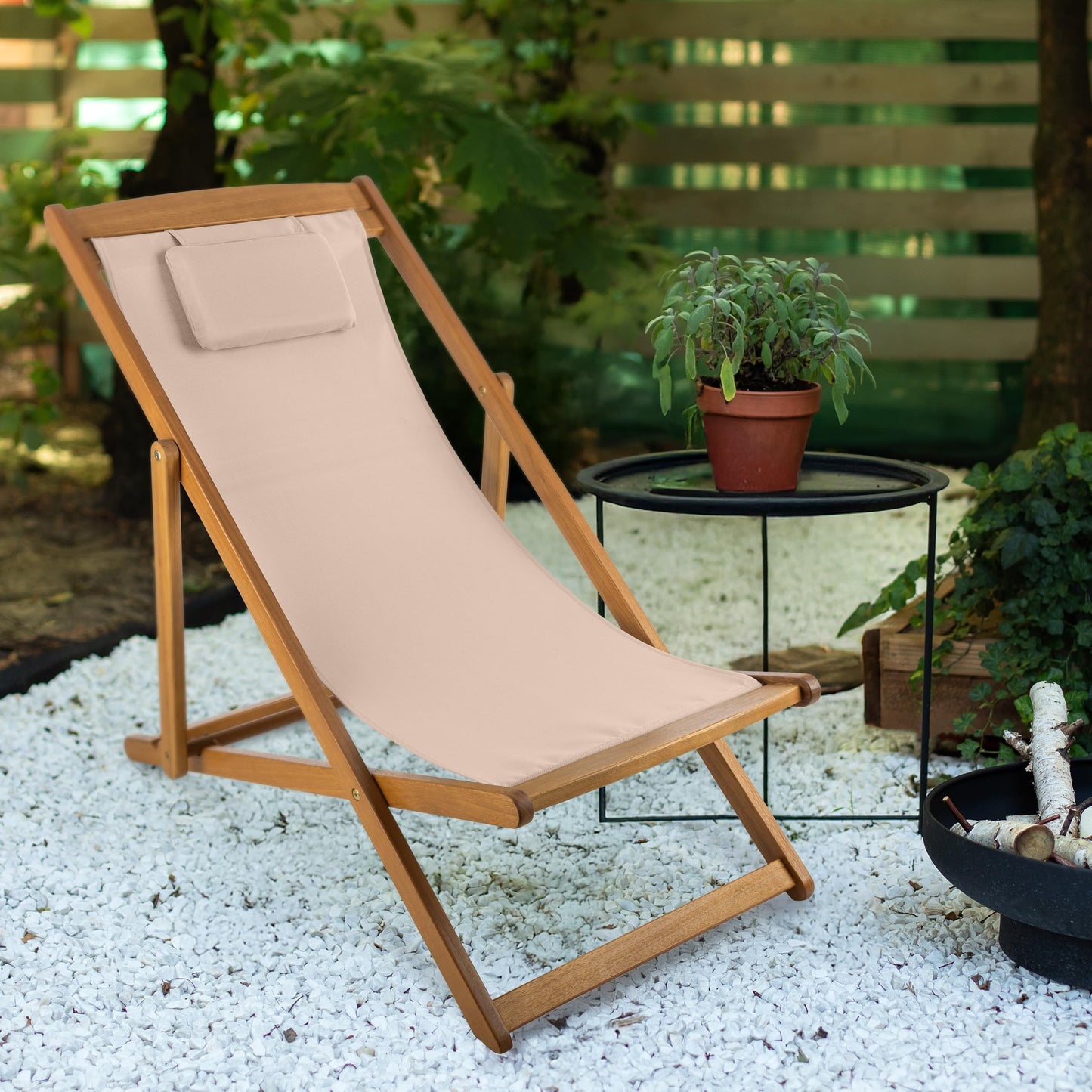 Beach Lounge Chair - Adjustable Height Reclining Sling Chair - Portable Wood Folding Chairs - Folding Lounge Chairs for Outside, Patio, Balcony, or Camping - Outdoor Furniture by Lavish Home (Beige)